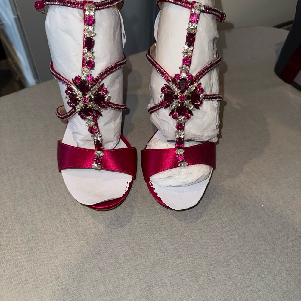 Badgley Mischka Pink Satin Crystal Heels - Picture 2 of 5